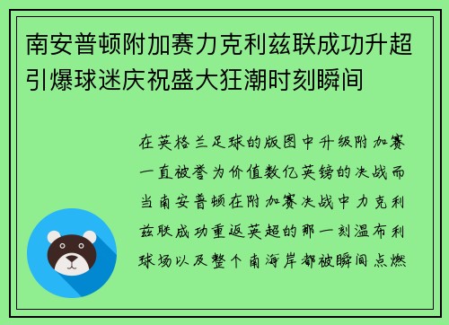 南安普顿附加赛力克利兹联成功升超引爆球迷庆祝盛大狂潮时刻瞬间 南安普顿附加赛力克利兹联成功升超引爆球迷庆祝盛大狂潮时刻瞬间