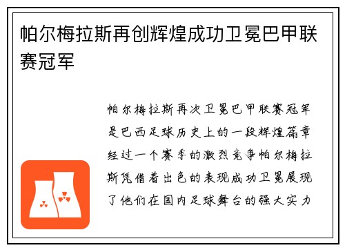 帕尔梅拉斯再创辉煌成功卫冕巴甲联赛冠军 帕尔梅拉斯再创辉煌成功卫冕巴甲联赛冠军